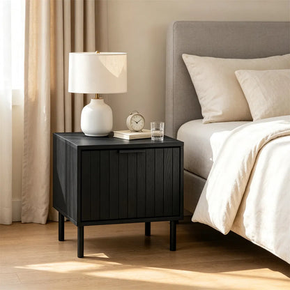 Black Fluted Drawer Nightstand Set of 2, Engineered Wood Metal Side End Table with Adjustable Foot Pads - view 5