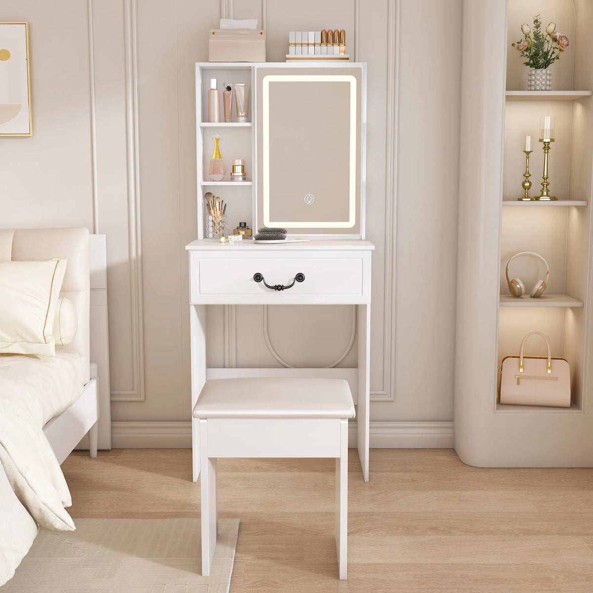 Modern Mini Dressing Table with LED-lit Mirror & Hidden Storage,Includes Padded Stool,Adjustable Brightness Vanity Desk - view 6