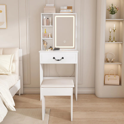 Modern Mini Dressing Table with LED-lit Mirror & Hidden Storage,Includes Padded Stool,Adjustable Brightness Vanity Desk - view 6