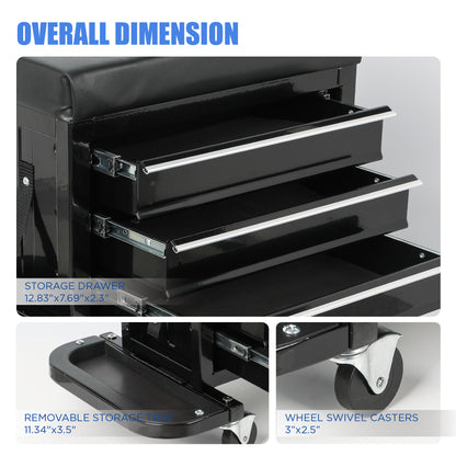 3-Drawer Tool Chest Rolling Mechanic Seat With Tool Trays,350lbs Max Weight Capacity,Black - view 4