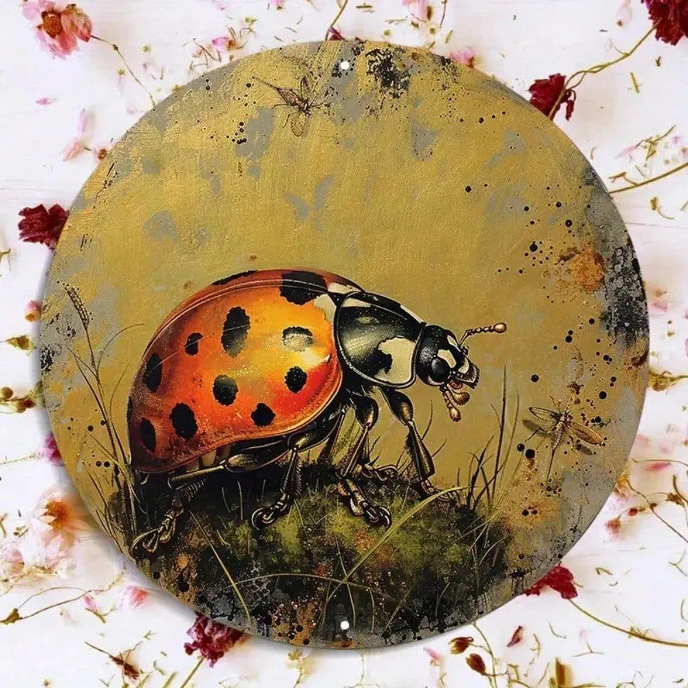 1pc 8x8 Inch Round Aluminum Metal Sign, Golden Ladybug Wall Decor, Vintage Farmhouse Wreath Door Hanging Plaque - view 6