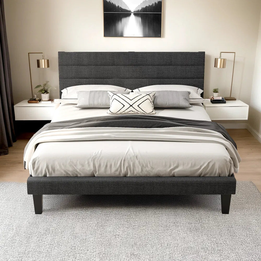 Dark Gray Queen Size Tufted Platform Bed Frame - Linen-Like Upholstery, Horizontal Stripe Headboard - view 5