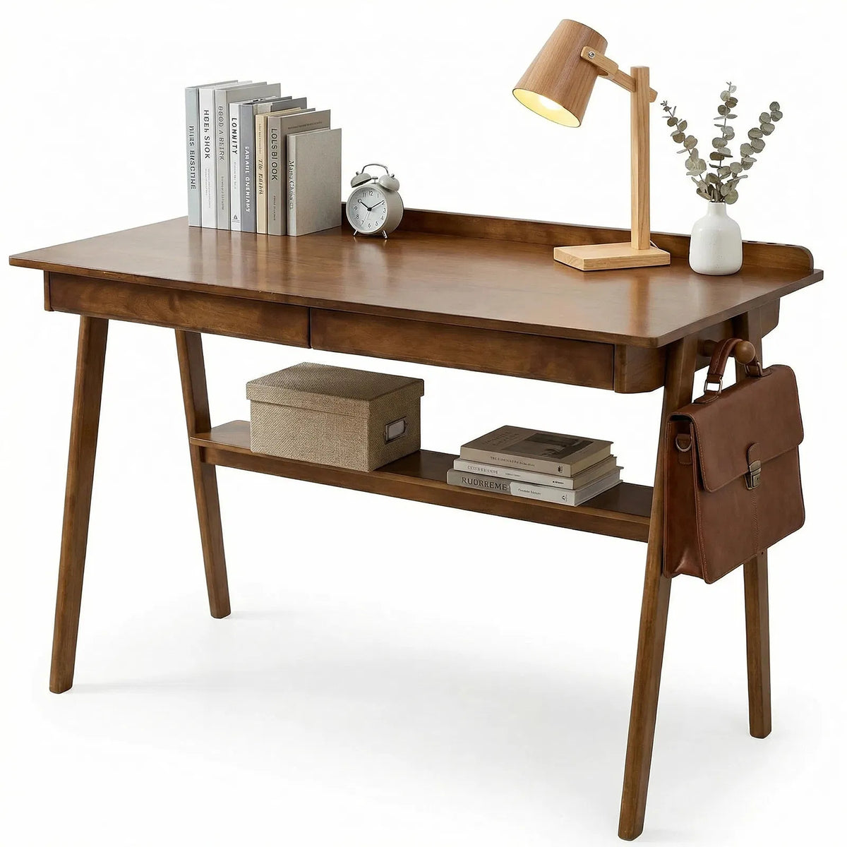 Solid Wood Writing Desk, Home Office Desk for Small Spaces, Mid Century Modern Desks with 2 Drawers & Storage Shelf - view 3