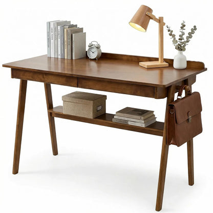 Solid Wood Writing Desk, Home Office Desk for Small Spaces, Mid Century Modern Desks with 2 Drawers & Storage Shelf - view 3