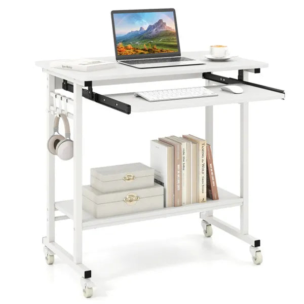 White Mobile Computer Desk With Keyboard Tray & Storage Shelf, 360 Lockable Casters For Home Office - view 3