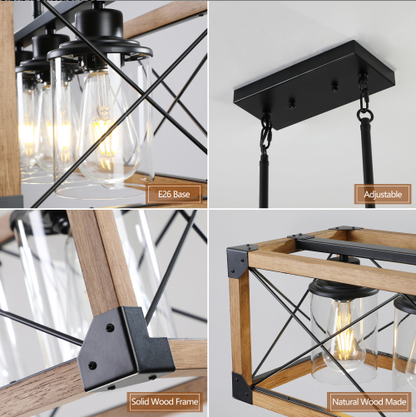 32 Inch Walnut Industrial Farmhouse Rectangle Pendant Light, 5-Light Chandelier With Lampshades For Dining Room - view 6