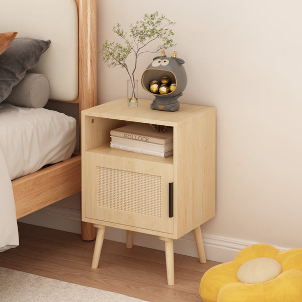 22.83'' H Rattan Nightstand, Side Table with Door Open Shelf, Accent Bedside End Table with Solid Wood Legs for Bedroom - view 9