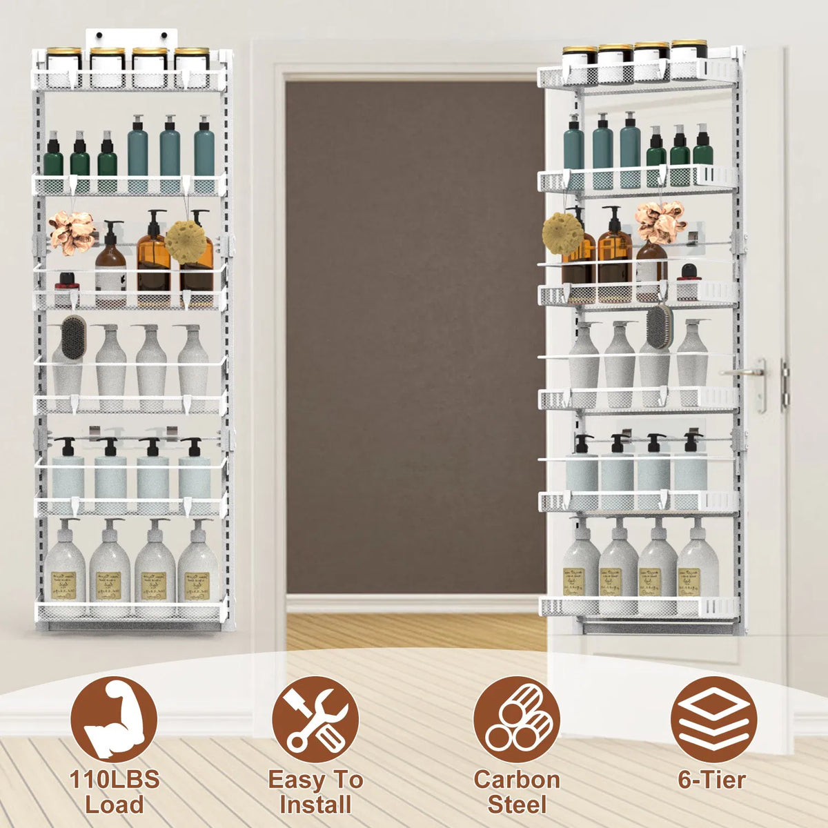 6-Tier Over the Door Pantry Organizer, Large Metal Door Spice Rack, Hanging Heavy-Duty Pantry Door Storage Shelf 10LBS - view 4