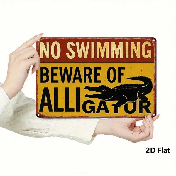 Vintage No Swimming Beware Of Alligator Sign, 8x12 Inch Metal Wall Art