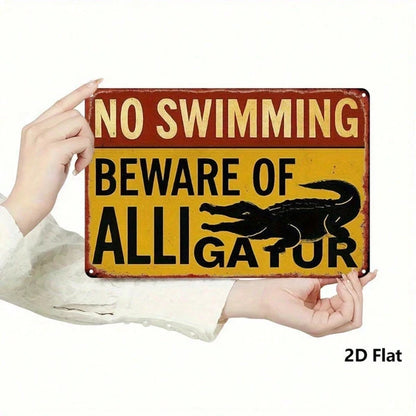 Vintage No Swimming Beware Of Alligator Sign, 8x12 Inch Metal Wall Art