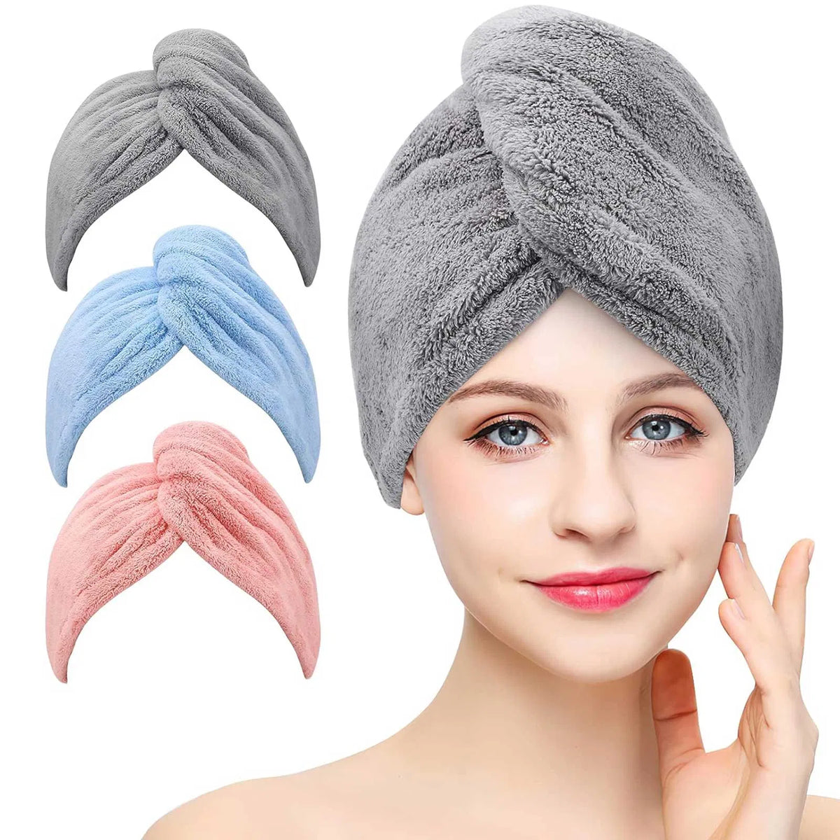 Women 3 PC Microfiber Hair Towel Wrap Ultra Absorbent Hair Turbans For Curly, Long & Thick Hair Blue,Grey,Pink
