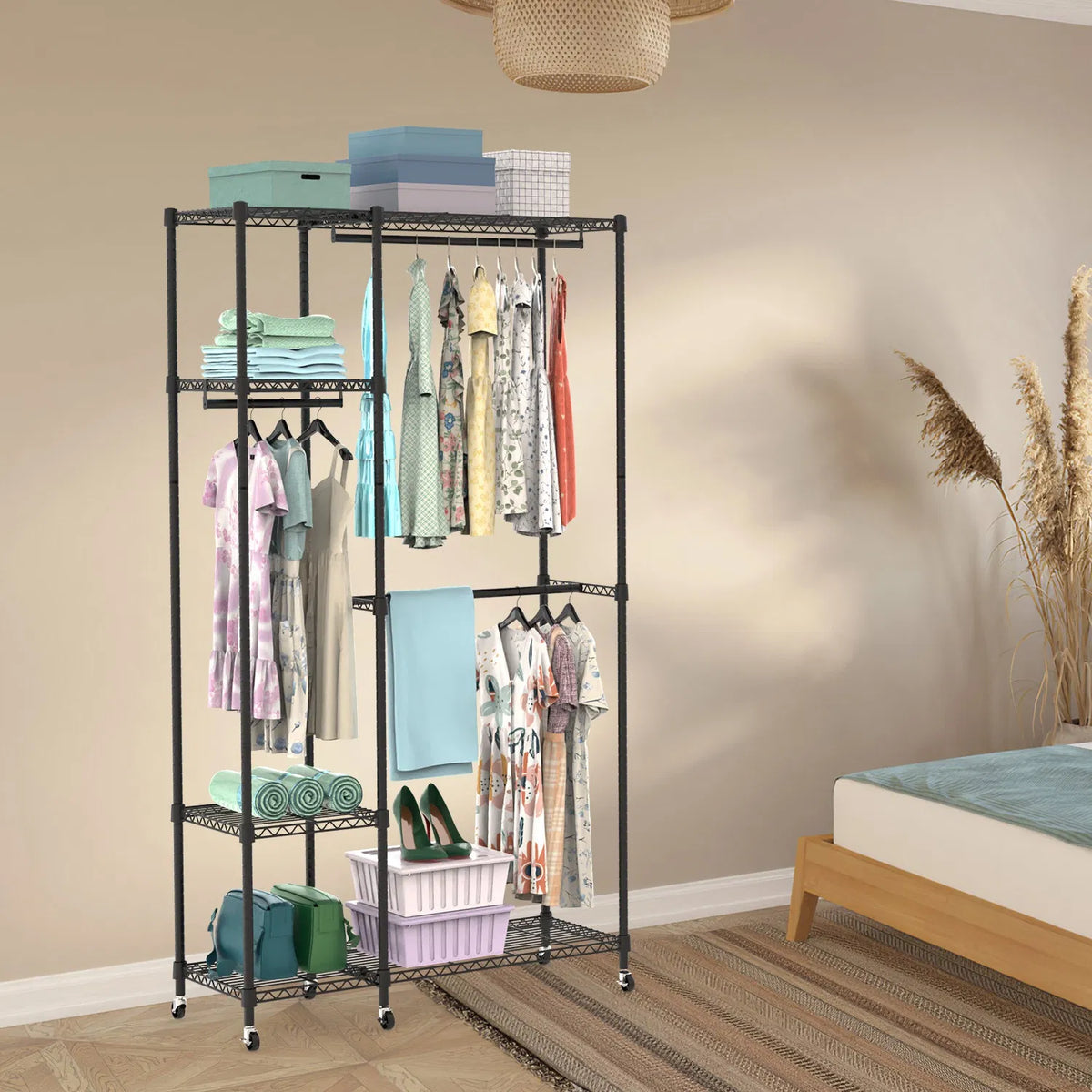 4 Tier Heavy Duty Garment Rack With Wheels Carbon Steel Clothing Rack Portable Wardrobe Clothes Rack With 3 Hanging - view 2