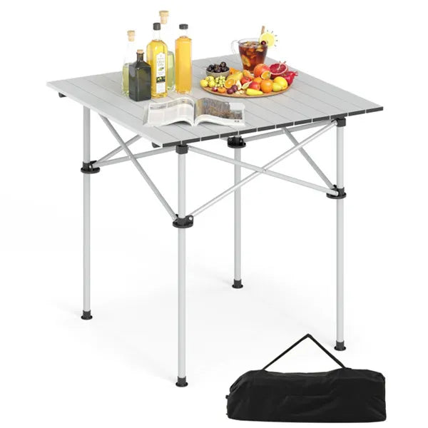 Silver 28" Foldable Camping Table With Aluminum Top, 150 Lbs Capacity Portable Picnic Table With Carry Bag