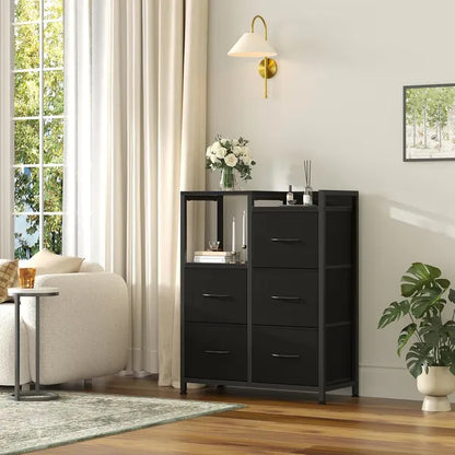 5 Drawer White Dressers For Bedroom 2 Tier Shelf Shelf Small Fabric Dresser For Closet Sturdy Metal Frame Modern Style - view 7