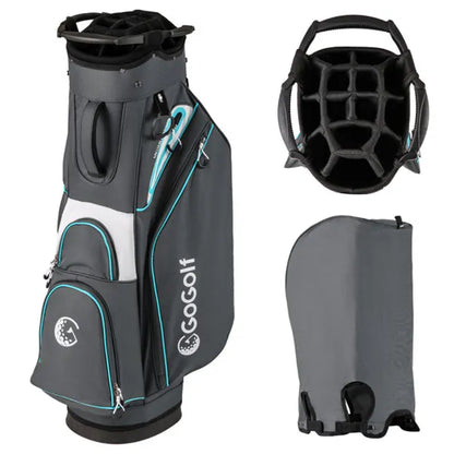 14-Way Golf Cart Bag - 6 Zippered Pockets+Cooler Pocket, Waterproof Zippers, Gray+Blue