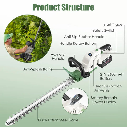 20'' Cordless Hedge Trimmer 21V Handheld Bush Trimmer Electric Grass Shrub Trimmer With Dual-Action Blades 0.6" Cutting - view 2