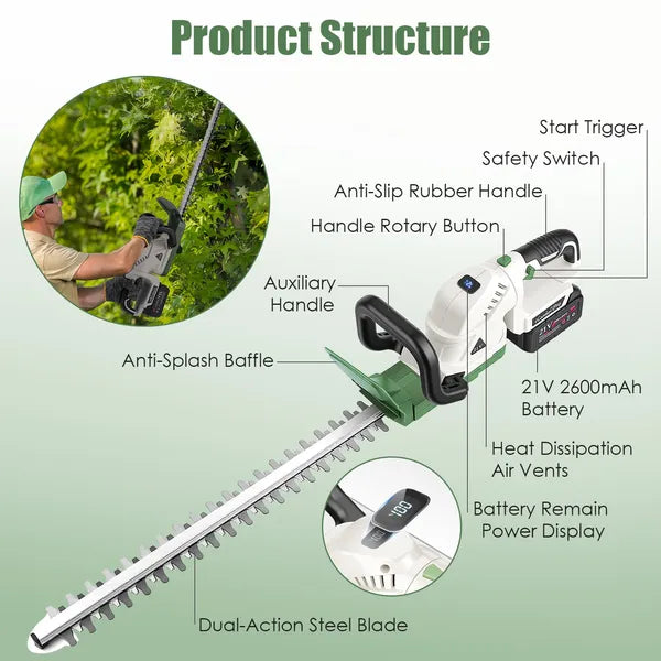 20'' Cordless Hedge Trimmer 21V Handheld Bush Trimmer Electric Grass Shrub Trimmer With Dual-Action Blades 0.6" Cutting - view 2