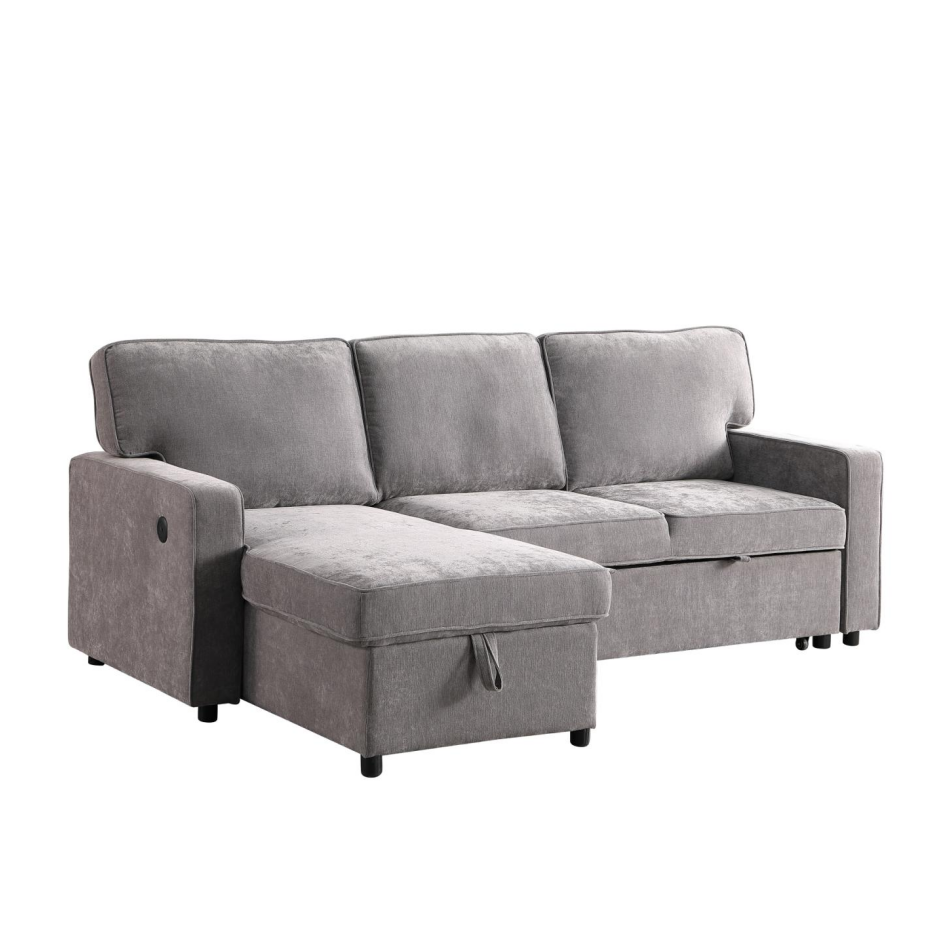 Upholstery Sleeper GREY Sectional Sofa With Storage Space, USB Port, 2 Cup Holders On Back Cushions - view 6