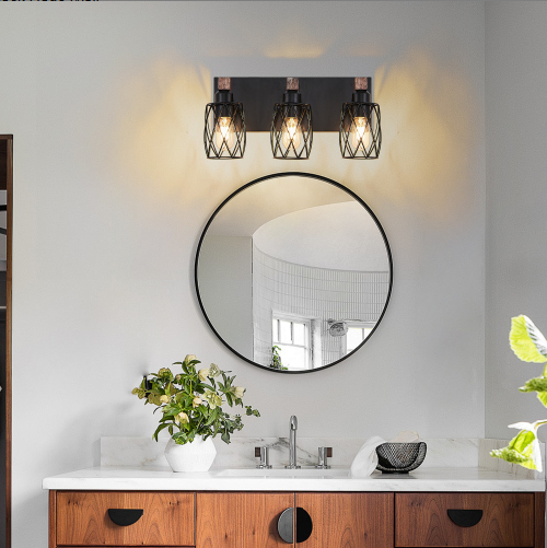 18inch Industrial Vintage 3-Light Wall Sconce - Black Cage Wall Lighting Fixture With Wooden Accents For Bathroom - view 5