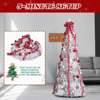 6 FT Fully Decorated Pre-lit Christmas Tree, Pop Up Artificial Xmas Tree With 100 Warm Lights And Red Ornaments - view 3