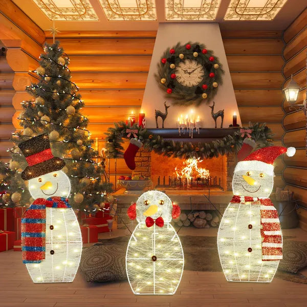 3Pcs 2D Christmas Snowman Yard Decoration Snowman Family Outdoor Decoration With 60Pcs LED Warm Yellow Lights IP44