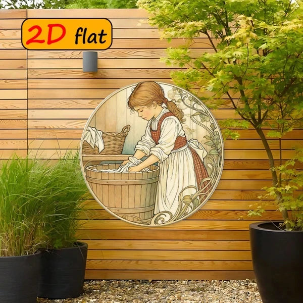 2D Flat Round Aluminum Sign Vintage Girl Doing, Vintage Girl, Doing Laundry Wall Decor 7.87x7.87 Inch Outdoor Kitchen - view 3