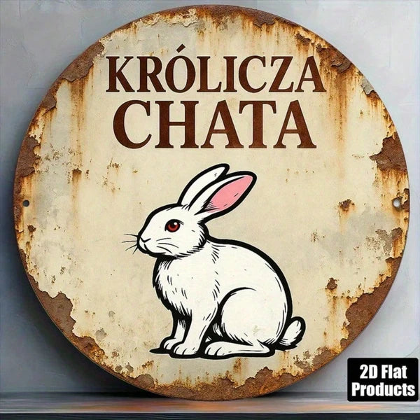 1pc Vintage French Rabbit House Metal Wall Sign, 8-Inch Round Krlcz Chatka Plaque, Durable Aluminum 2D Flat Art
