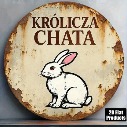 1pc Vintage French Rabbit House Metal Wall Sign, 8-Inch Round Krlcz Chatka Plaque, Durable Aluminum 2D Flat Art