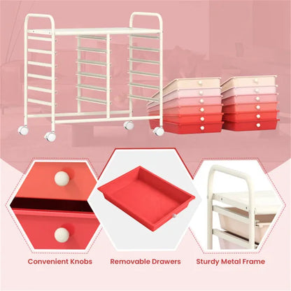 12-Drawer Rolling Storage Cart - 2-Row 10-Storey, Multicolor Drawers, 4 Wheels (2 Brake), White Frame-Pink - view 3