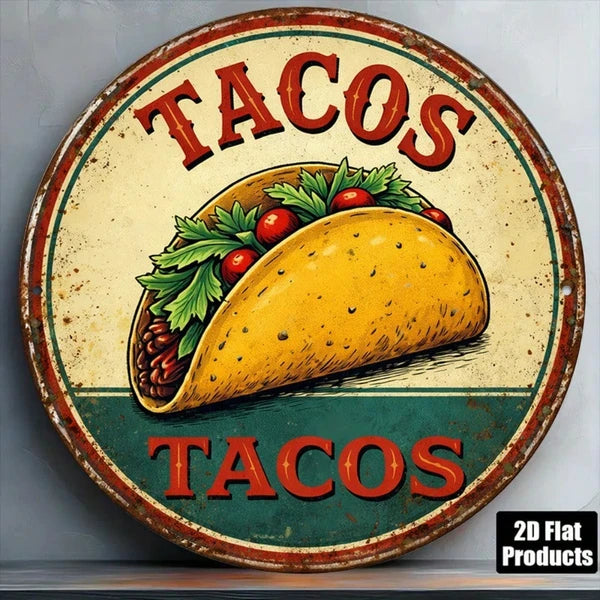1pc 8x8 Inch 2D Flat Round Sign, Flat Round Sign, Sign, Vintage Tacos Mexican Corn Tortilla Food Plaque - view 2
