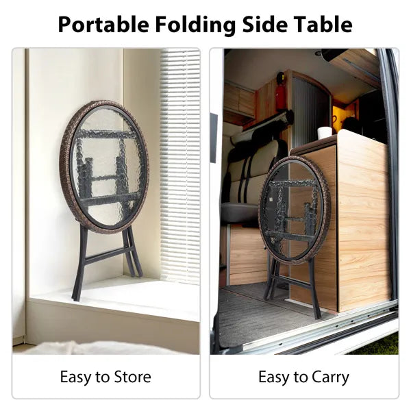 Outdoor Side Table, Round Rattan Patio Side Table, Small Foldable Wicker Table With Tempered Glass Table Top For Lawn - view 5