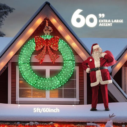 60in Pre-Lit Outdoor Christmas Wreath Decoration, LED Metal Holiday Decor For Home Exterior, Garden W 400 Lights, Bow - view 2