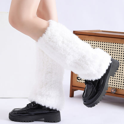 Autumn Winter Solid Knitted Fuzzy Sock Covers Women Thickened Warm Y2K Style Fleece-Lined Fluffy Fur Leg Warmers Calf