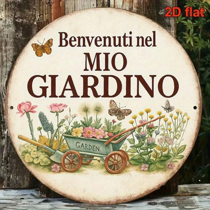 Vintage Welcome To My Garden Sign Italian Language, 8x8 Inch Round French Aluminum Plaque - view 6
