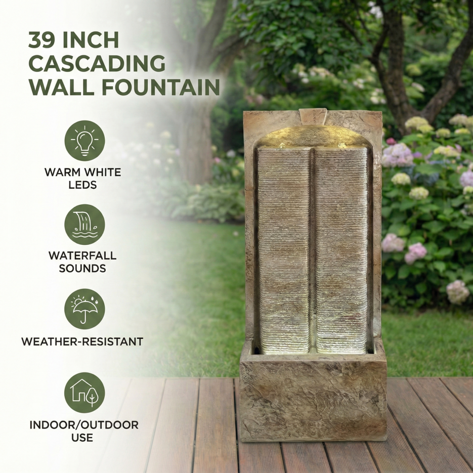 39 Inch Outdoor Water Fountain With Pump, Modern Cascading Freestanding Wall Fountain - view 5