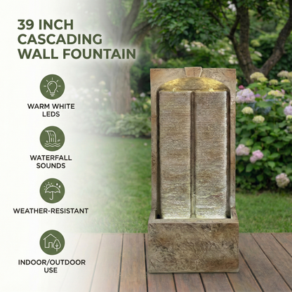 39 Inch Outdoor Water Fountain With Pump, Modern Cascading Freestanding Wall Fountain - view 5
