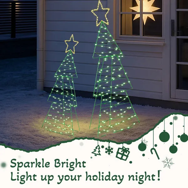 Set Of 2 Lighted Metal Christmas Tree Yard Decorations, Pre-lit Holiday Decor With 150 Green And Warm White LED Lights - view 6