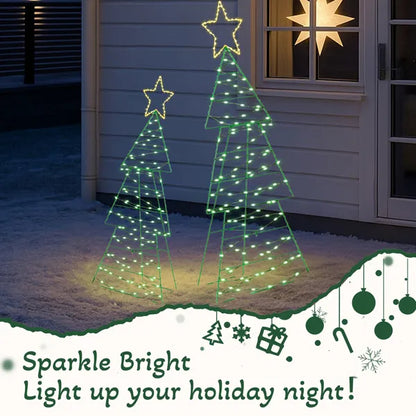 Set Of 2 Lighted Metal Christmas Tree Yard Decorations, Pre-lit Holiday Decor With 150 Green And Warm White LED Lights - view 6