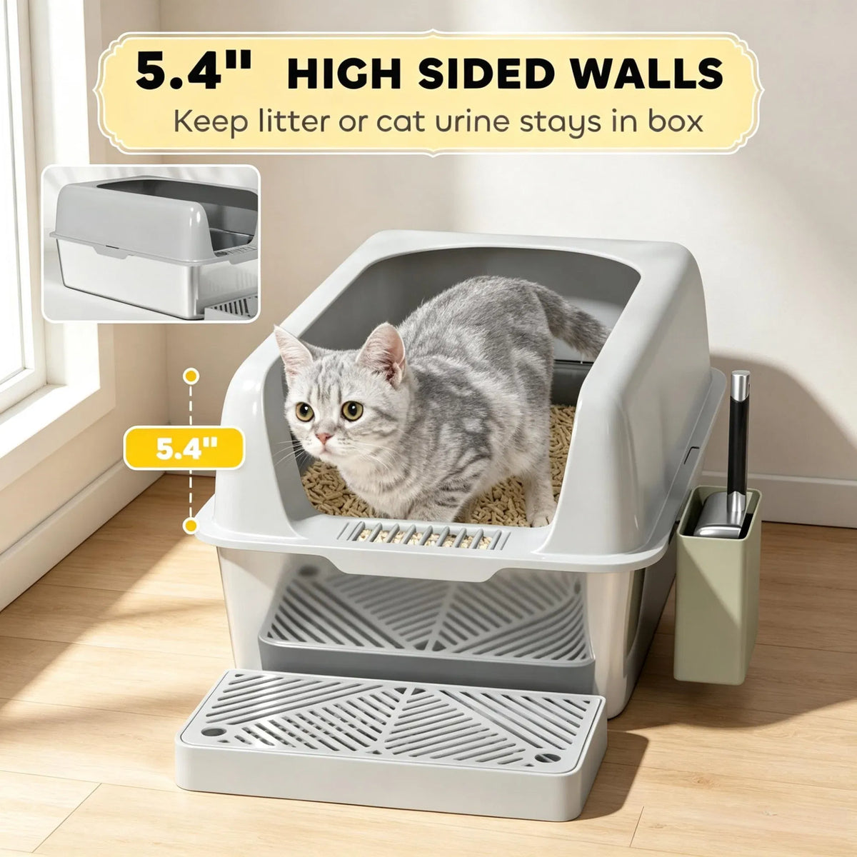 Light Gray 2 Pack High Sided Stainless Steel Litter Box Anti-Urine Leakage for Multi-Cat Households - view 7