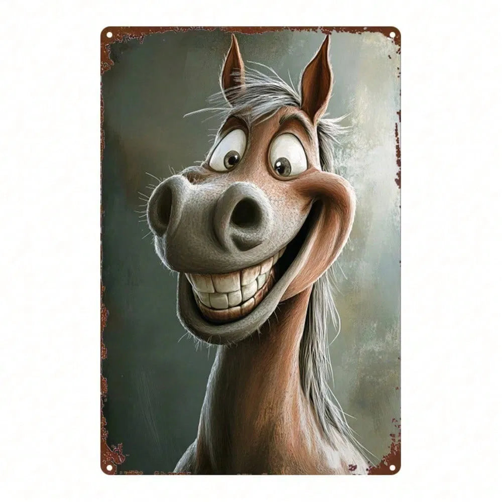 1pc Retro Cartoon Horse Head Metal Sign, Vintage Tin Painting Wall Decor, Humorous Country Style Iron Plate Art - view 6