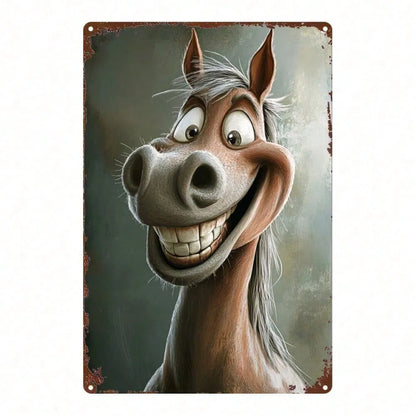1pc Retro Cartoon Horse Head Metal Sign, Vintage Tin Painting Wall Decor, Humorous Country Style Iron Plate Art - view 6