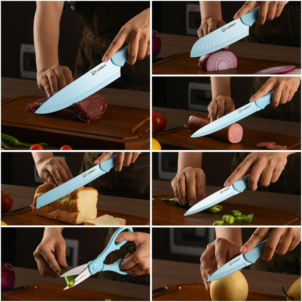 Kitchen Knife Set With Guards, 13 Piece Blue Non-Stick Stainless Steel Boxed Knives Set, Anti-Rust And Dishwasher Safe - view 4