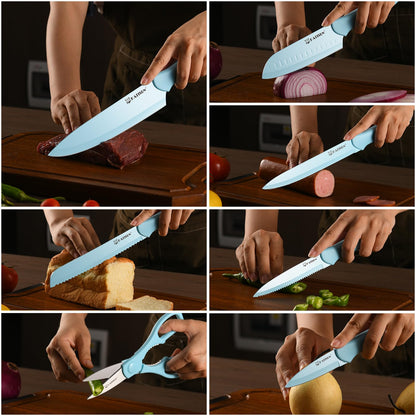 Kitchen Knife Set With Guards, 13 Piece Blue Non-Stick Stainless Steel Boxed Knives Set, Anti-Rust And Dishwasher Safe - view 4