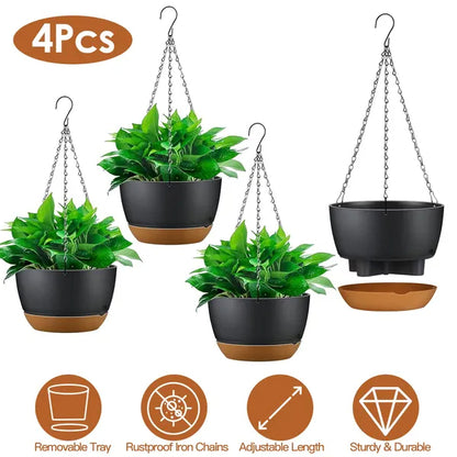 4Pcs 9.64In Diameter Hanging Planter With Drainage Holes Removable Self-Watering Tray Plastic Hanging Flower Plant Pots