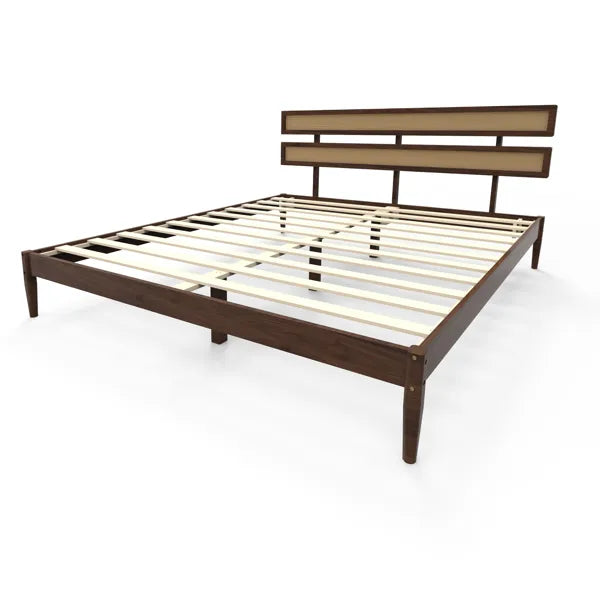 Dark walnut wood painted finish + rattan and pine wood double headboard King size bed, Bohemian style - view 8