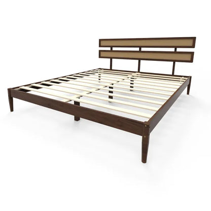 Dark walnut wood painted finish + rattan and pine wood double headboard King size bed, Bohemian style - view 8