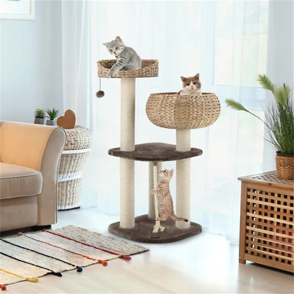 41 Inch Hand-Woven Water Hyacinth Cat Tree, 3 Sisal Scratching Posts Multi-Level Activity Center For Cats-Brown - view 2