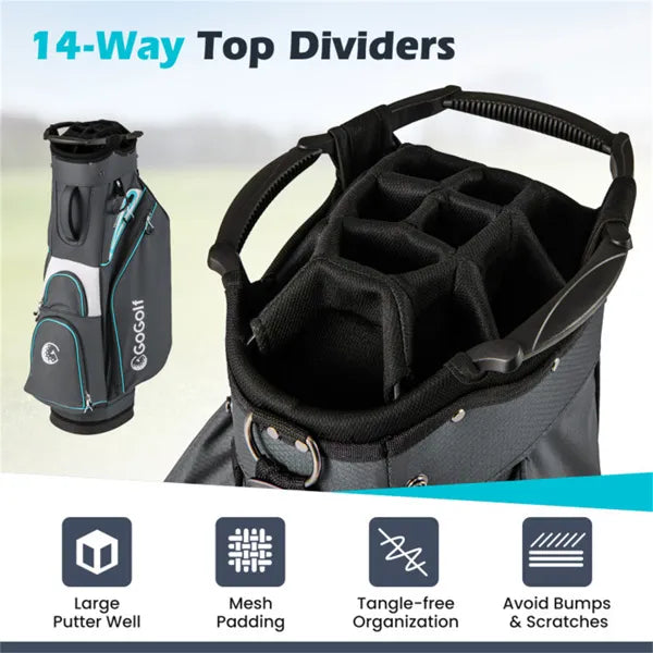 14-Way Golf Cart Bag - 6 Zippered Pockets+Cooler Pocket, Waterproof Zippers, Gray+Blue - view 5