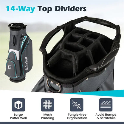 14-Way Golf Cart Bag - 6 Zippered Pockets+Cooler Pocket, Waterproof Zippers, Gray+Blue - view 5