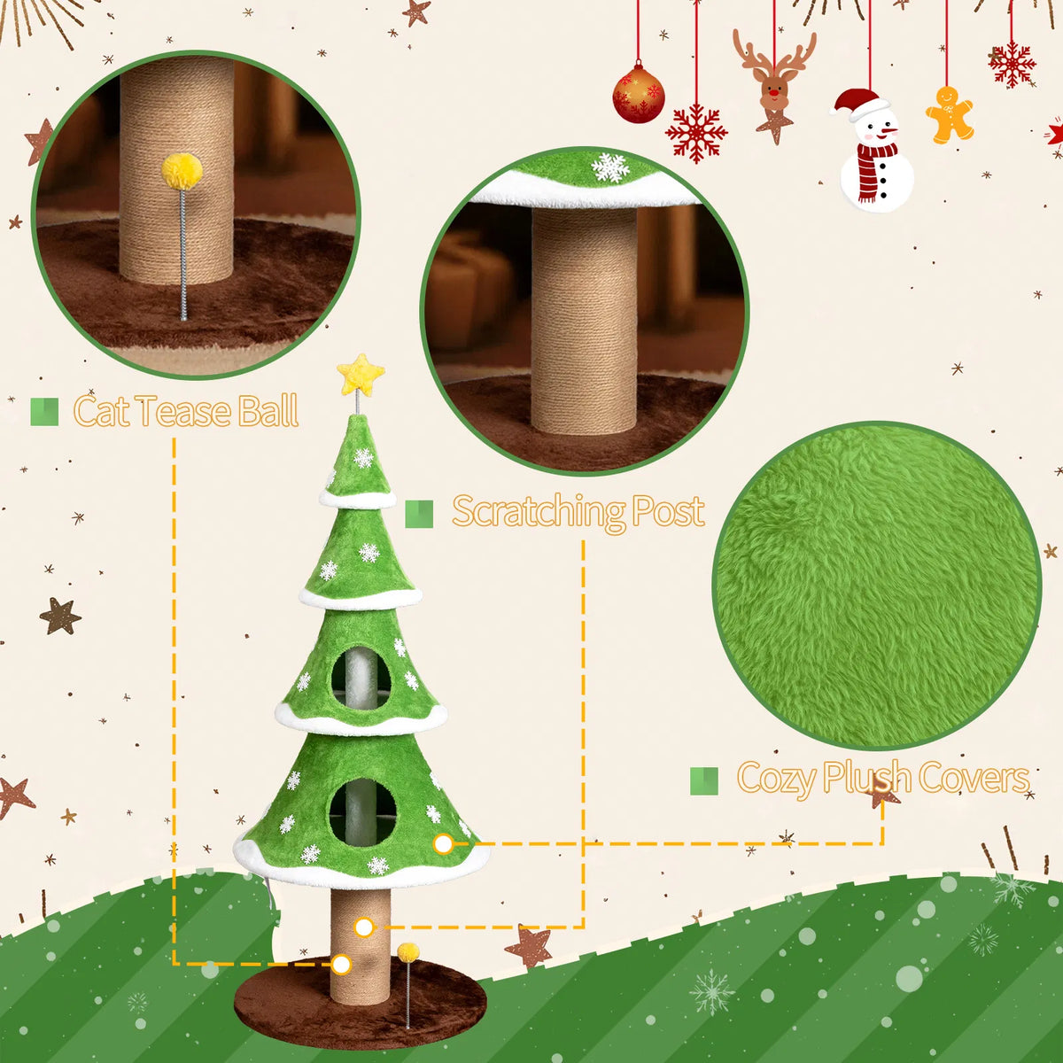 59in Large Tall Christmas Tree Cat Tower with 2 Cat Condos & Scratching Post